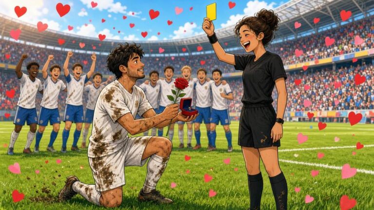 Comic of a football player kneeling with a ring in front of a female referee on a stadium pitch