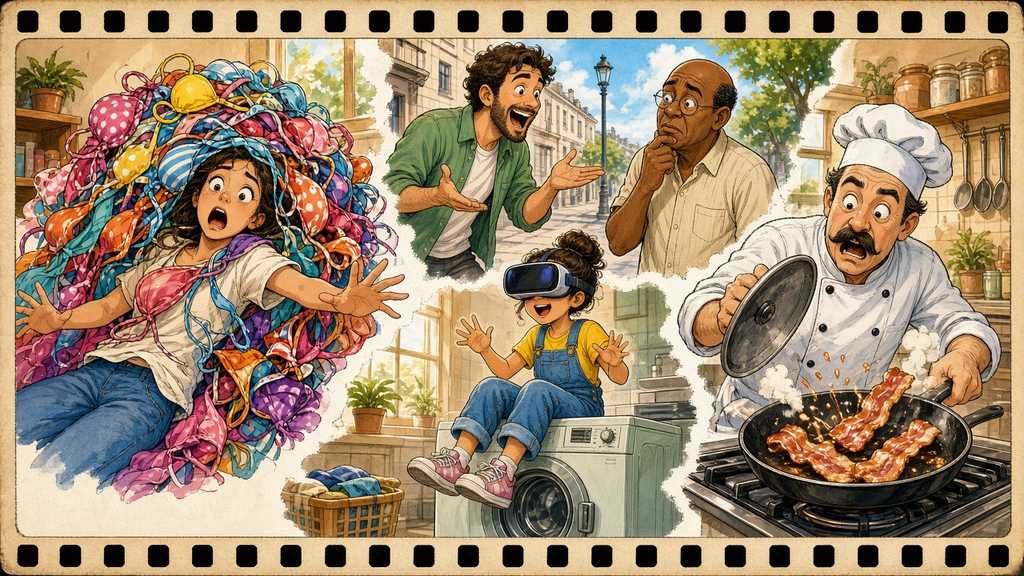 Comic collage of funny fails: VR headset on a washing machine, a meowing man, welding sparks and a bacon pot-lid shield