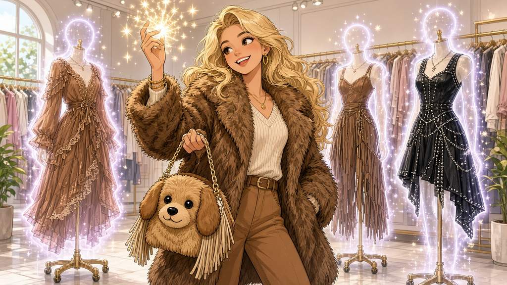 Comic of a blonde shopper in a fur jacket holding a dog-shaped bag in a boutique full of glowing dresses