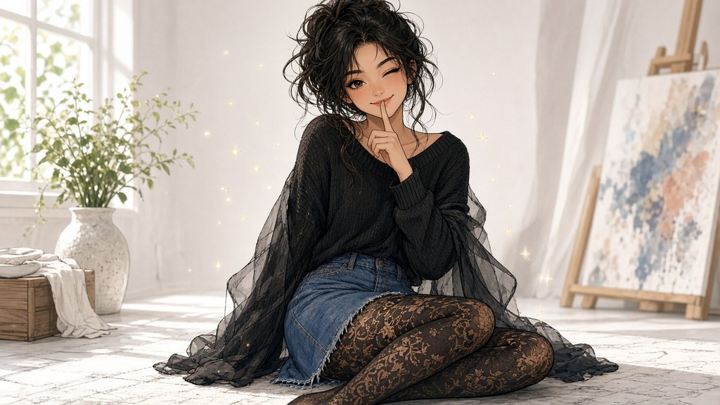Comic of a dark-haired woman in a black knit top and shawl sitting on a white studio floor with a finger to her lips