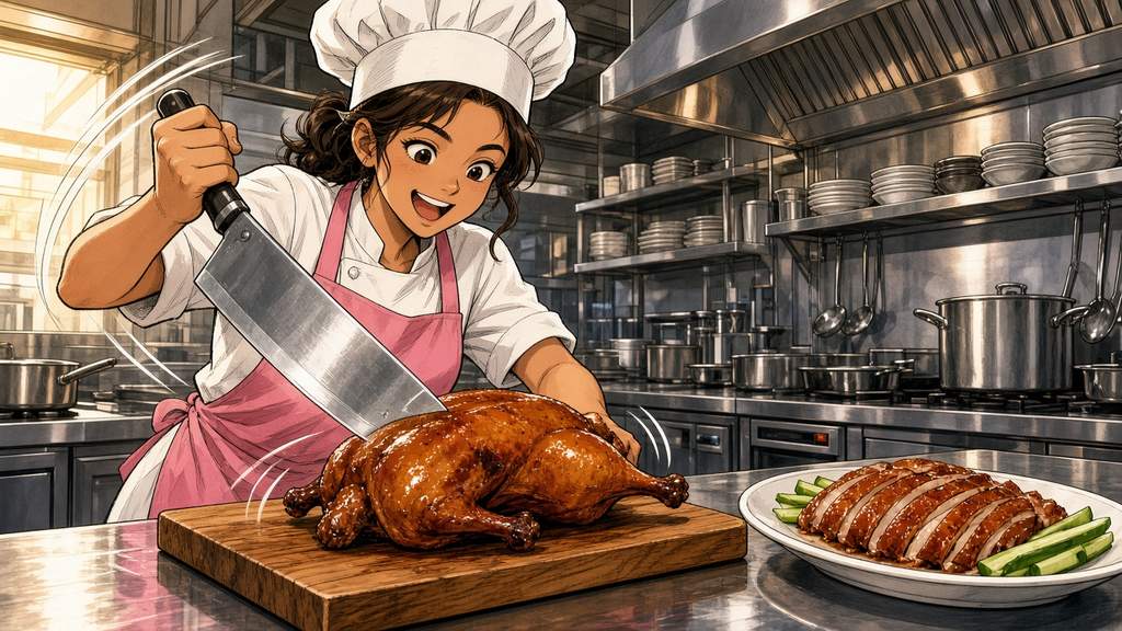 Comic of a chef in a tall white hat and pink apron chopping a roast duck with a cleaver in a steel kitchen