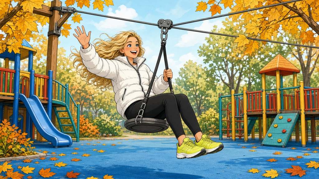 Comic of a blonde woman in a white puffer jacket and neon yellow sneakers riding a playground zip line