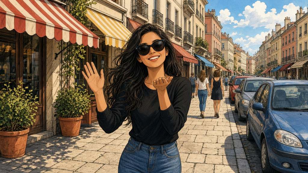 Where Is She Leading the Camera on This Sunny Sidewalk?