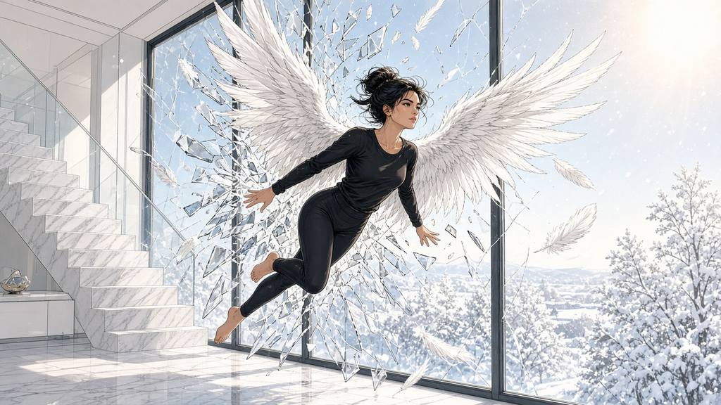 Comic of a woman in black sprouting white feathered wings as she leaps through a window into a snowy sky